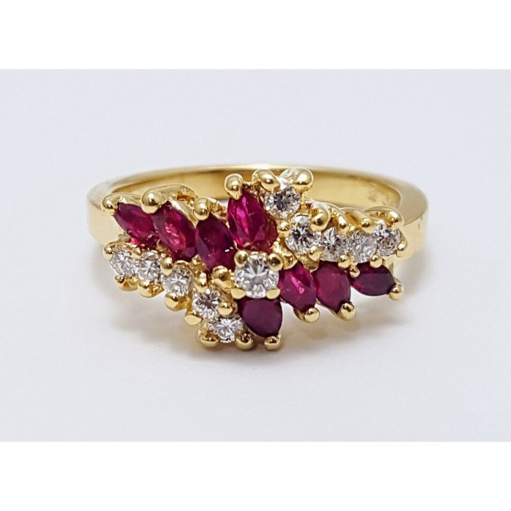 Unique 14k Karat Solid Yellow Gold Designer Marquise Cut Ruby  Diamond Ring
